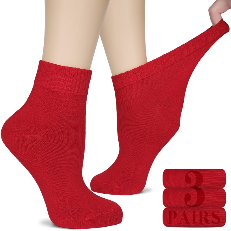 Hugh Ugoli Women's Rayon Ankle Loose Fit Diabetic Socks, Soft, Seamless Toe, Wide Stretchy, Non-Binding Top, 3 Pairs, Red, Shoe Size: 6-9 - Image 1
